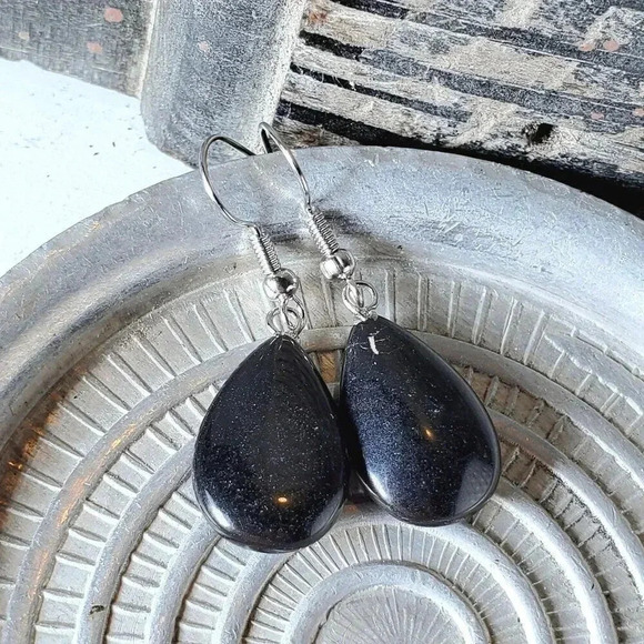Onyx Puffed Teardrop Handcrafted Black Silver Gemstone Dangle Earrings - Picture 1 of 6